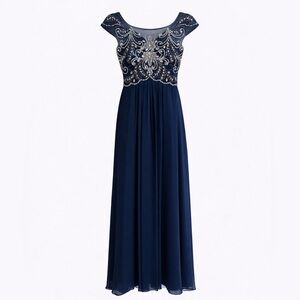 La Merchandises Navy Blue Embellished Cap Sleeve Gown